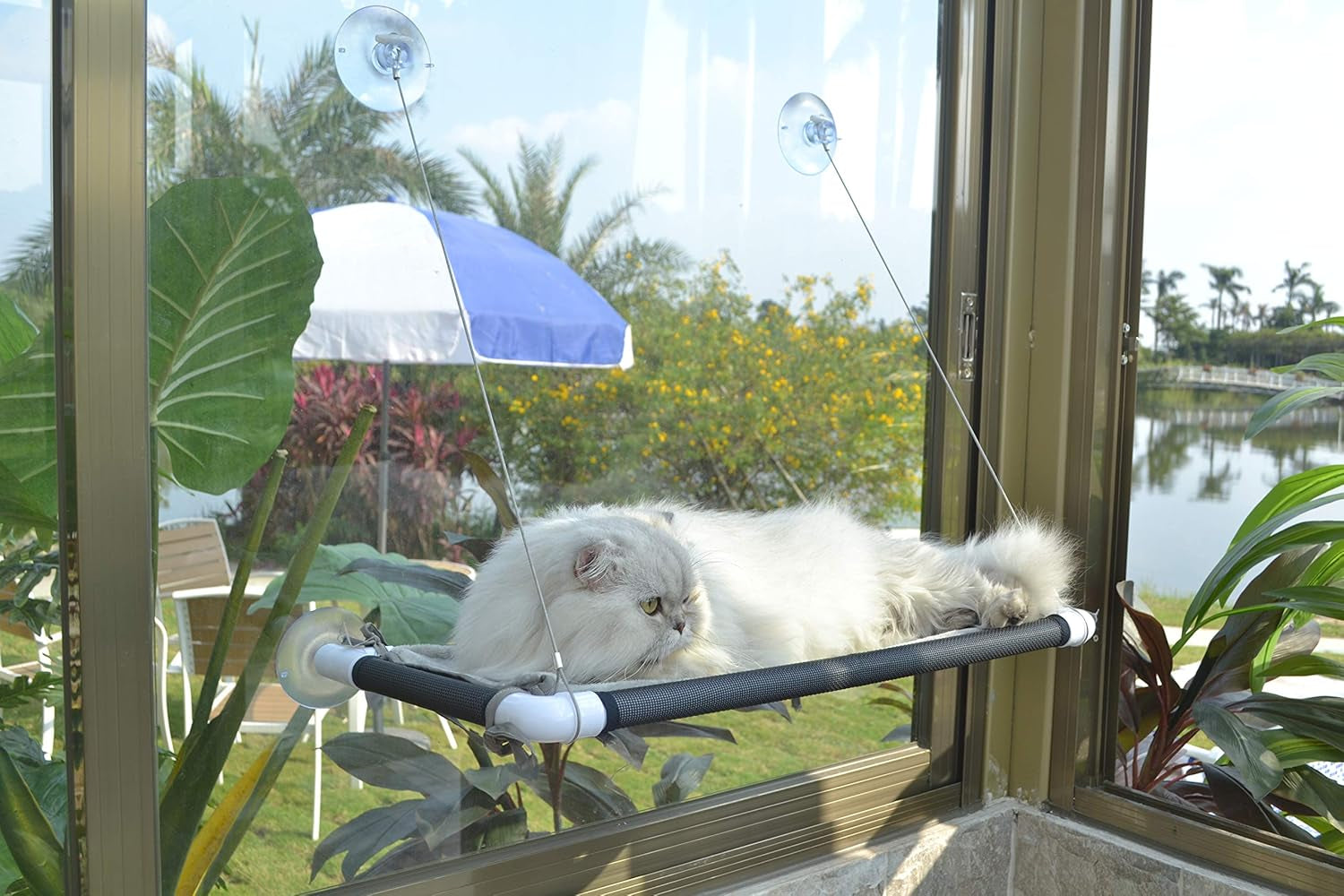 Cat Window Hammock – Mess-Free Waterproof Cats Window Perch for Large Cats, Strong Suction Cup Hammock with Flannel Cover, Indoor Cat Seat, Beige