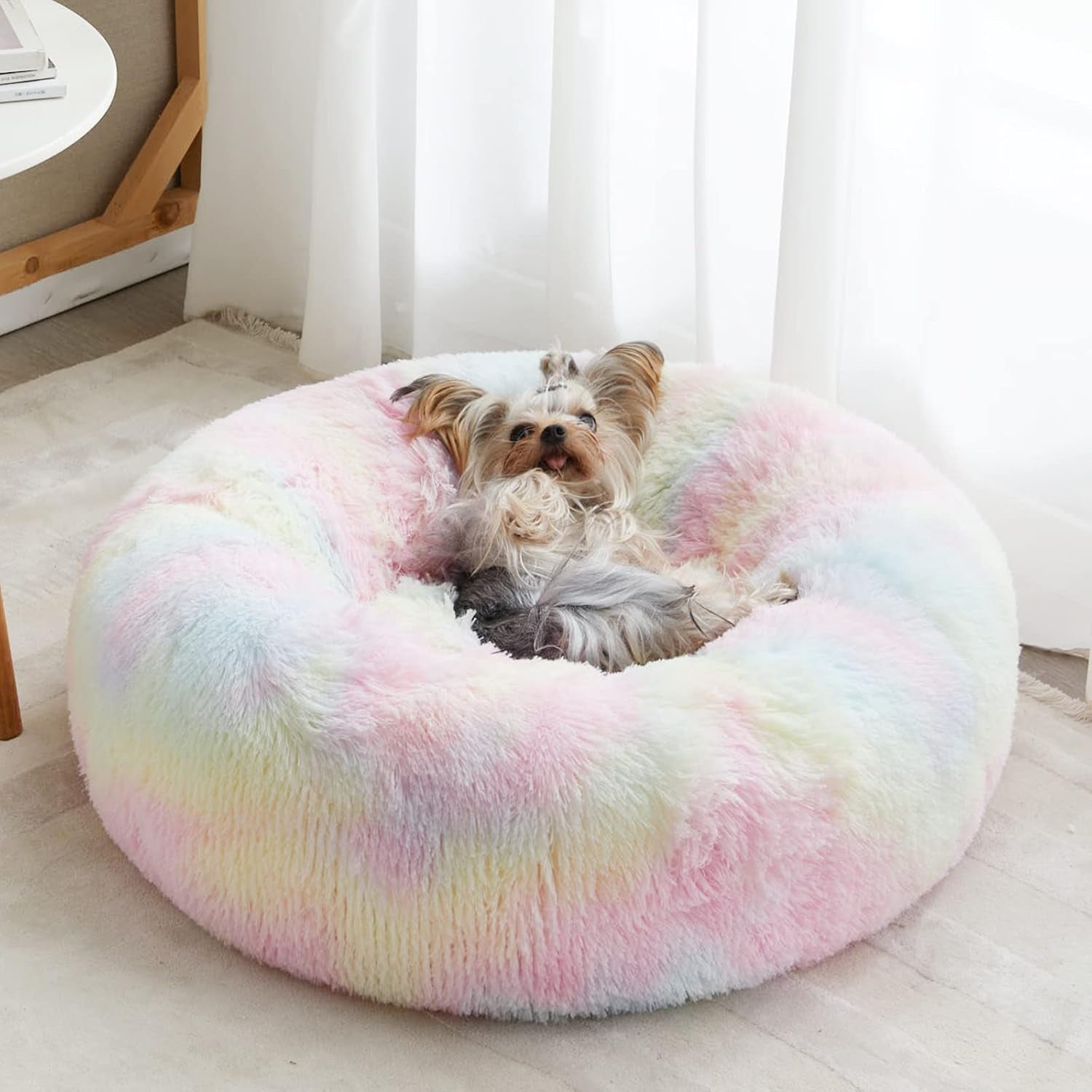 Calming Dog Bed Cat Bed Donut, Faux Fur Pet Bed Self-Warming Donut Cuddler, Comfortable round Plush Dog Beds (24 X 24 Inch, Light Grey)