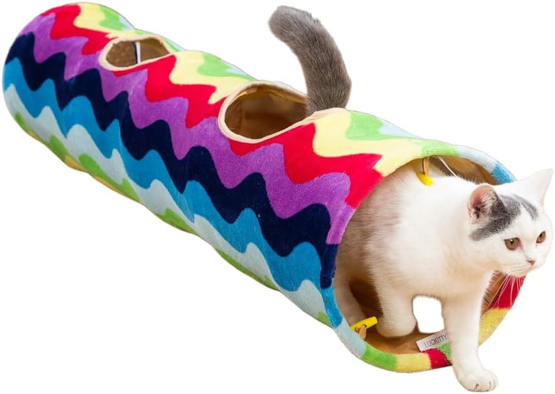 Large Cat Tunnel Bed with Plush Cover,Fluffy Toy Balls, Small Cushion and Flexible Design- 10 Inch Diameter, 3 Ft Length- Great for Cats, and Small Dogs, Gray Geometric Figure