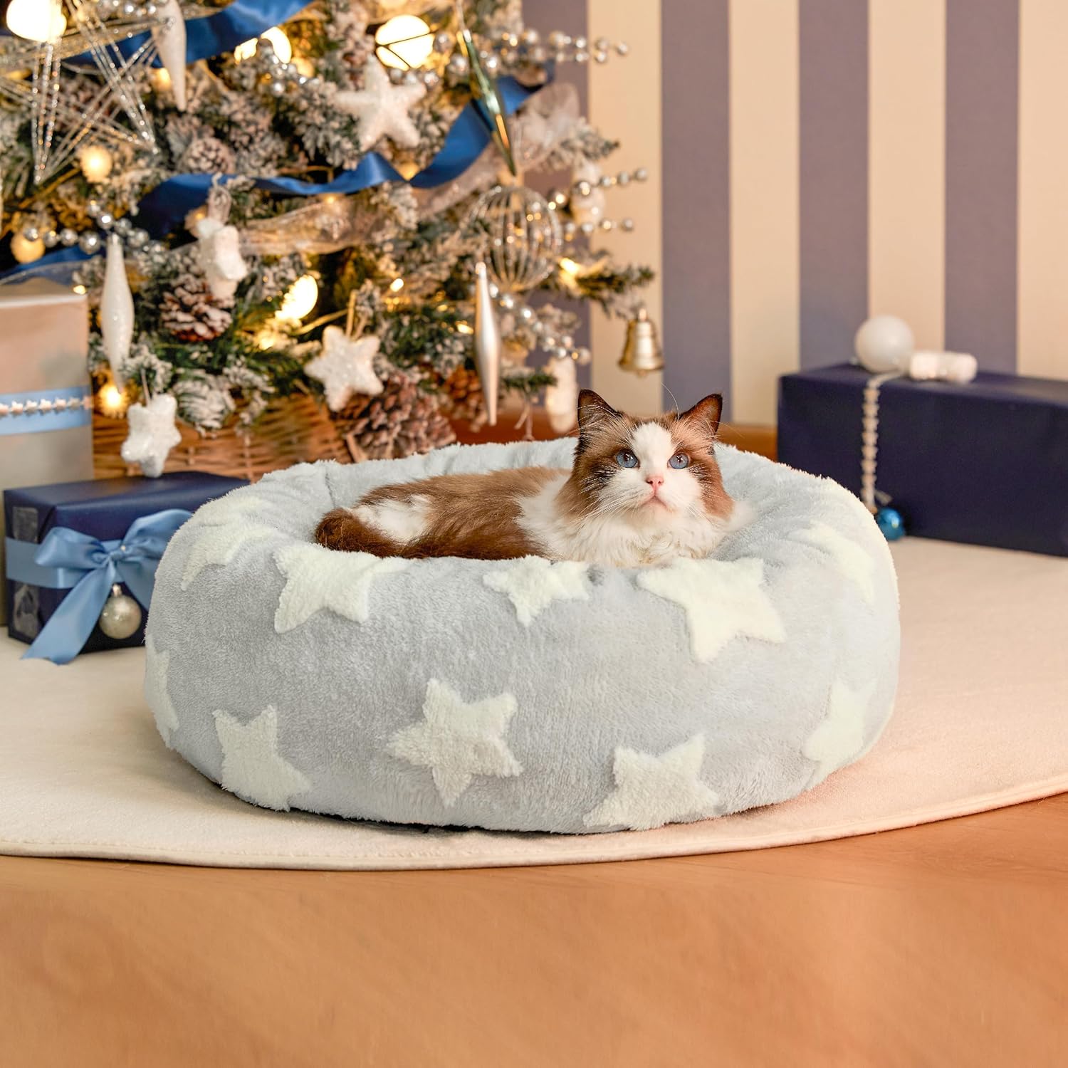 Lesure Donut Dog Bed Medium Size Dog - round Cat Beds for Indoor Calming Pet with Washable Cover, Cute Modern Puppy Beds with Jacquard Shaggy Plush & anti Slip Bottom, 30 Inch, Blue