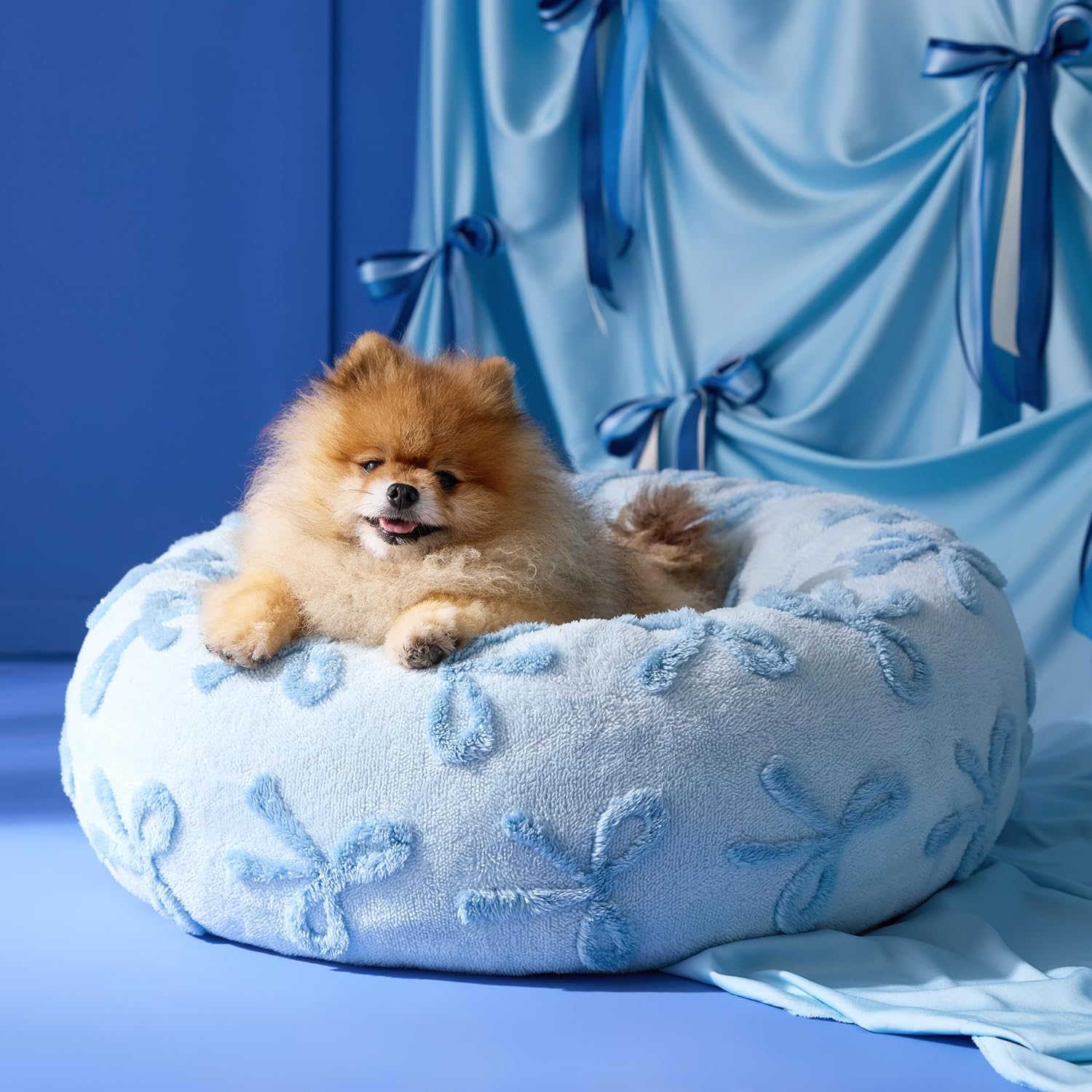 Lesure Donut Dog Bed Medium Size Dog - round Cat Beds for Indoor Calming Pet with Washable Cover, Cute Modern Puppy Beds with Jacquard Shaggy Plush & anti Slip Bottom, 30 Inch, Blue