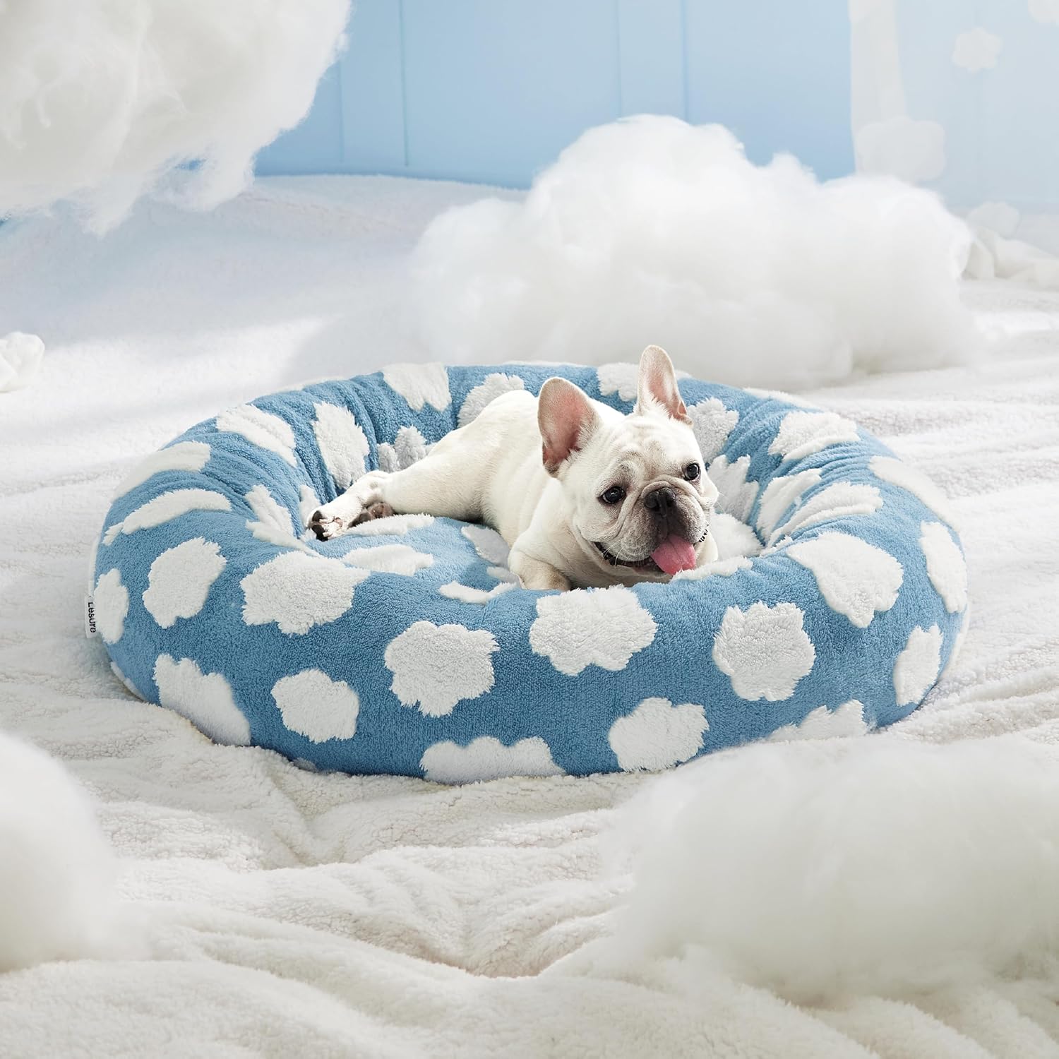 Lesure Donut Dog Bed Medium Size Dog - round Cat Beds for Indoor Calming Pet with Washable Cover, Cute Modern Puppy Beds with Jacquard Shaggy Plush & anti Slip Bottom, 30 Inch, Blue