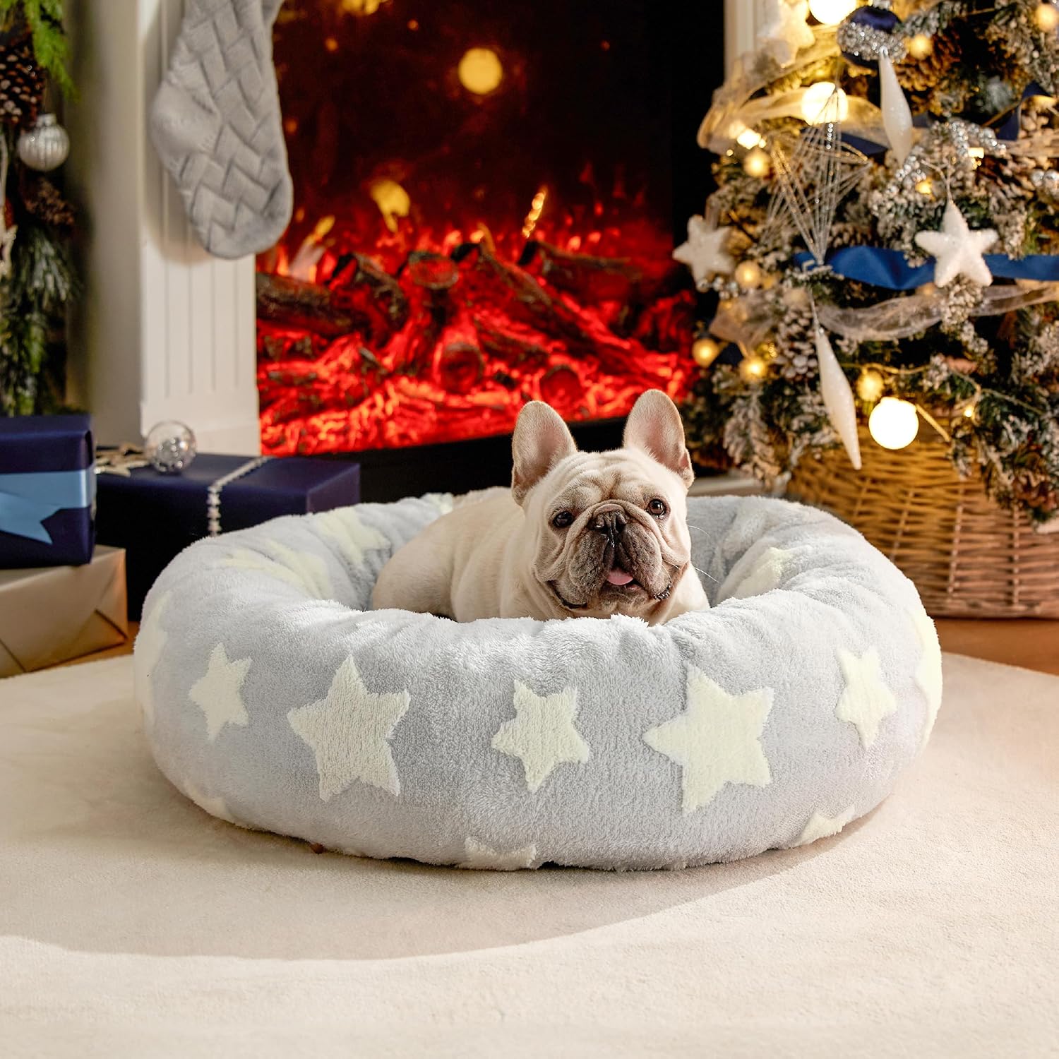 Lesure Donut Dog Bed Medium Size Dog - round Cat Beds for Indoor Calming Pet with Washable Cover, Cute Modern Puppy Beds with Jacquard Shaggy Plush & anti Slip Bottom, 30 Inch, Blue