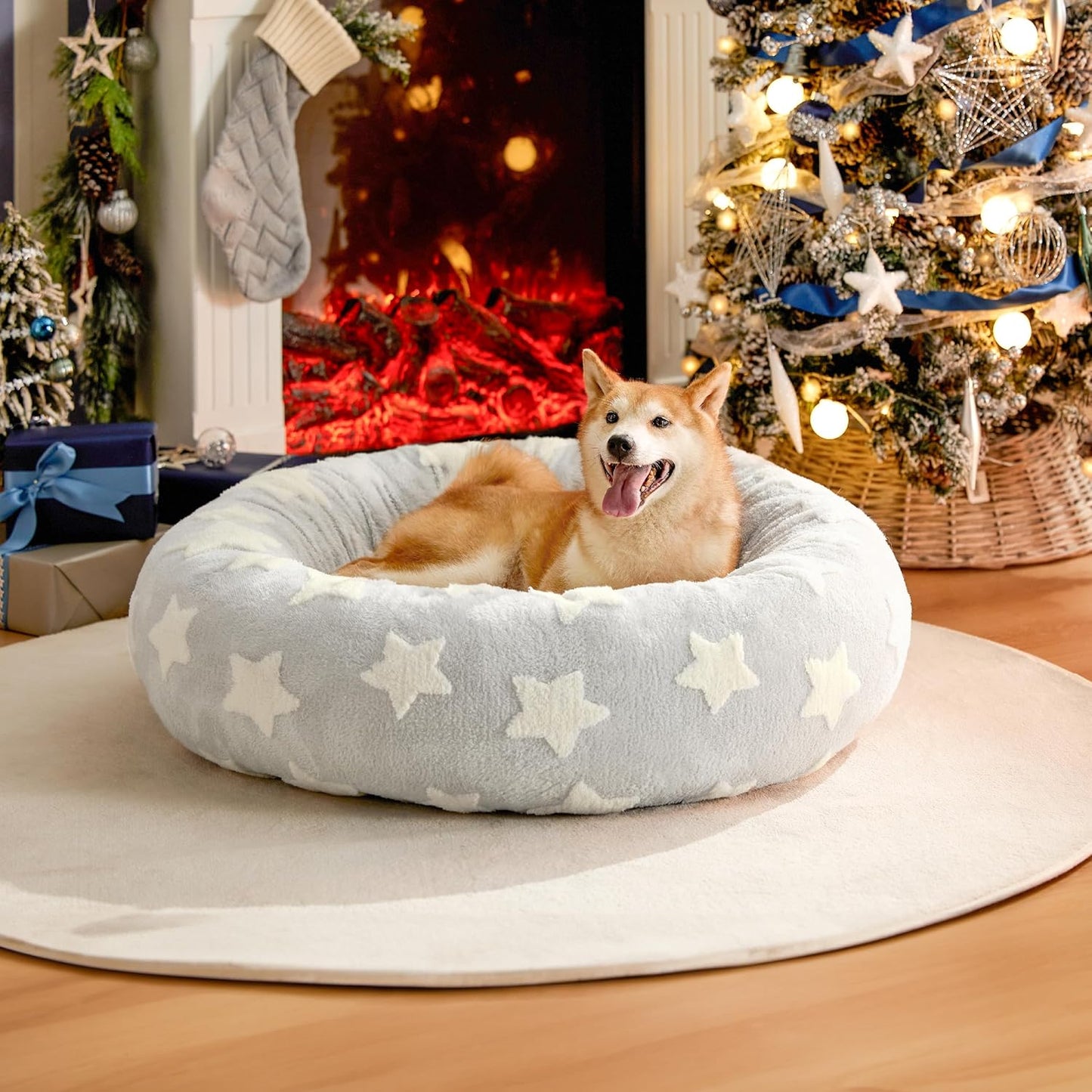 Lesure Donut Dog Bed Medium Size Dog - round Cat Beds for Indoor Calming Pet with Washable Cover, Cute Modern Puppy Beds with Jacquard Shaggy Plush & anti Slip Bottom, 30 Inch, Blue