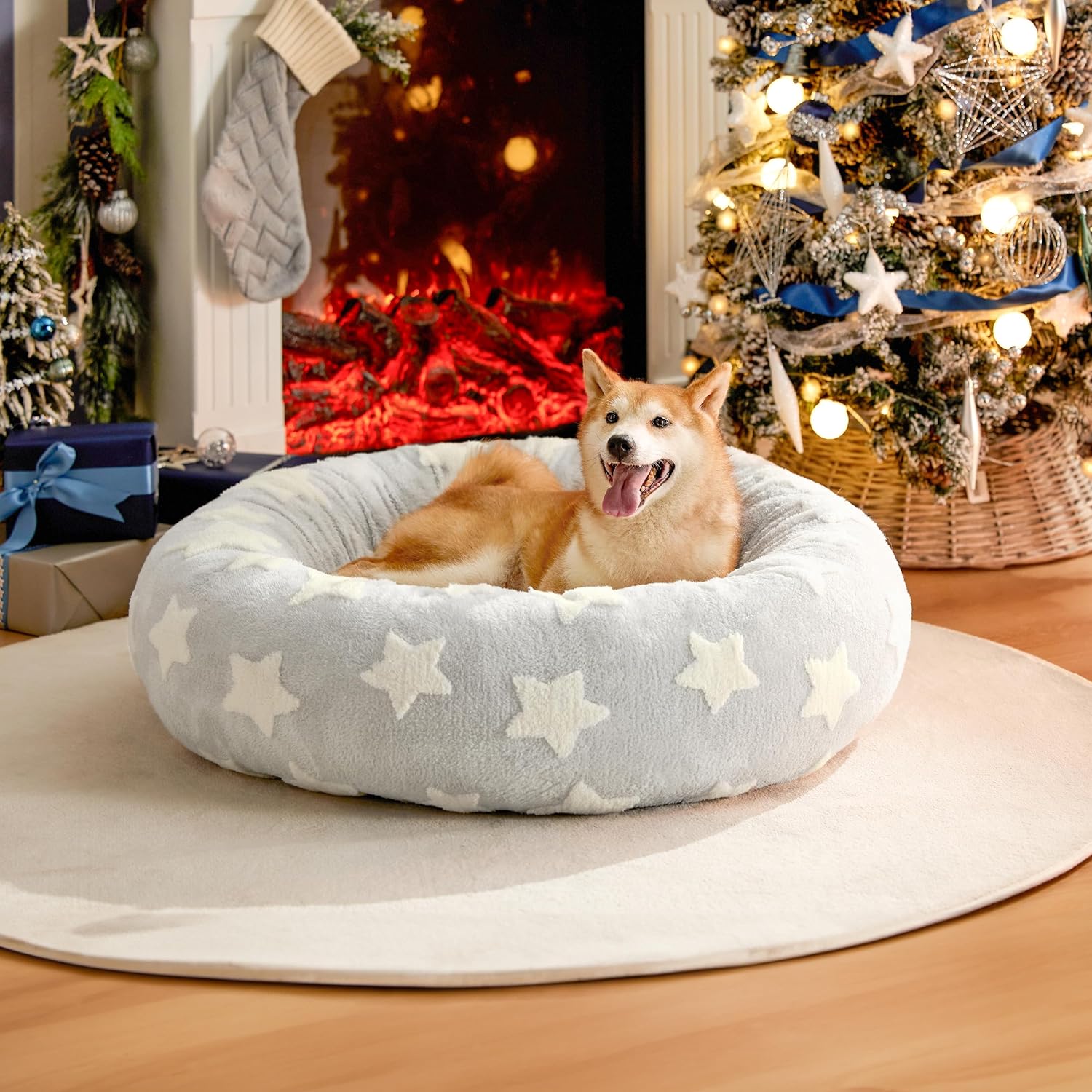 Lesure Donut Dog Bed Medium Size Dog - round Cat Beds for Indoor Calming Pet with Washable Cover, Cute Modern Puppy Beds with Jacquard Shaggy Plush & anti Slip Bottom, 30 Inch, Blue