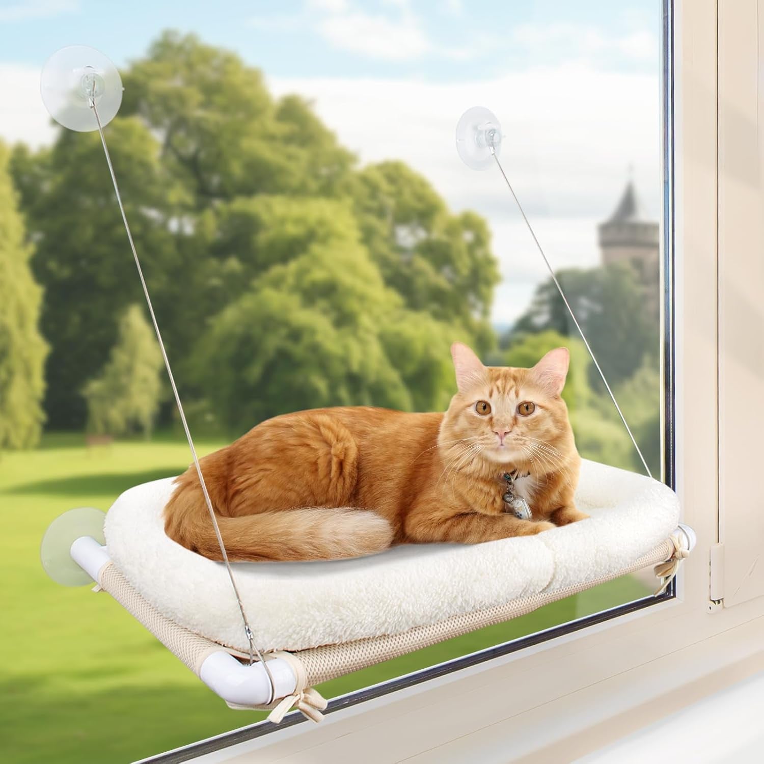 Cat Window Hammock – Mess-Free Waterproof Cats Window Perch for Large Cats, Strong Suction Cup Hammock with Flannel Cover, Indoor Cat Seat, Beige
