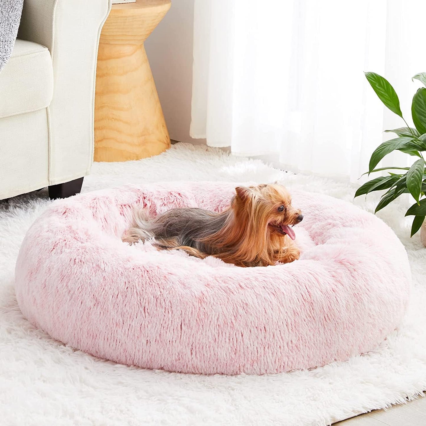 Calming Dog Bed Cat Bed Donut, Faux Fur Pet Bed Self-Warming Donut Cuddler, Comfortable round Plush Dog Beds (24 X 24 Inch, Light Grey)