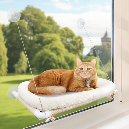 Cat Window Hammock – Mess-Free Waterproof Cats Window Perch for Large Cats, Strong Suction Cup Hammock with Flannel Cover, Indoor Cat Seat, Beige